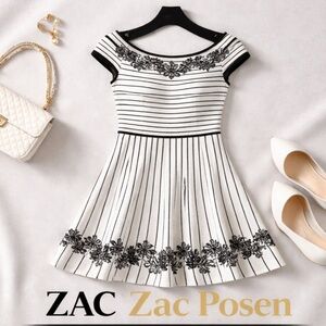 ZAC Zac Posen Black White Striped Off Shoulder Embroidered Fit Flare Dress Med